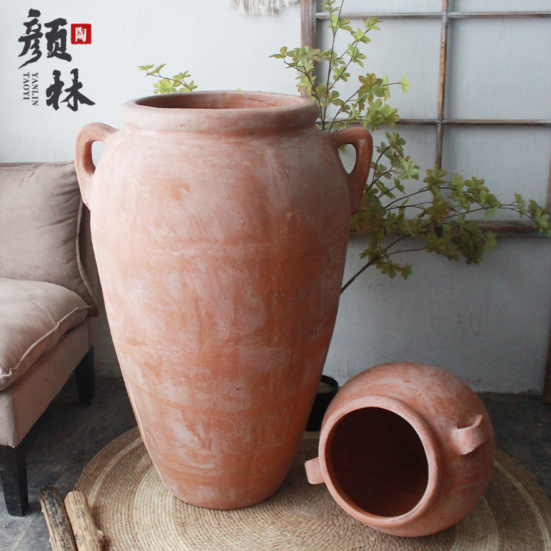 美版大陶罐落地大陶器景观花盆粗陶大高盆红陶大罐庭院大号陶罐子
