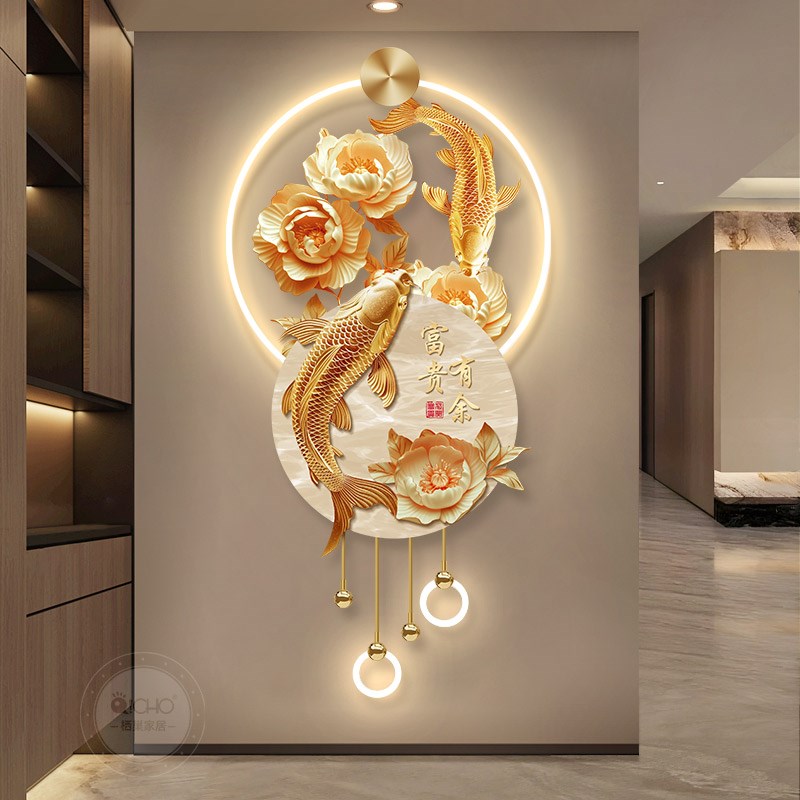 花开富贵玄关装饰画轻奢牡丹花锦鲤鱼入户走廊过道挂画高级感壁画