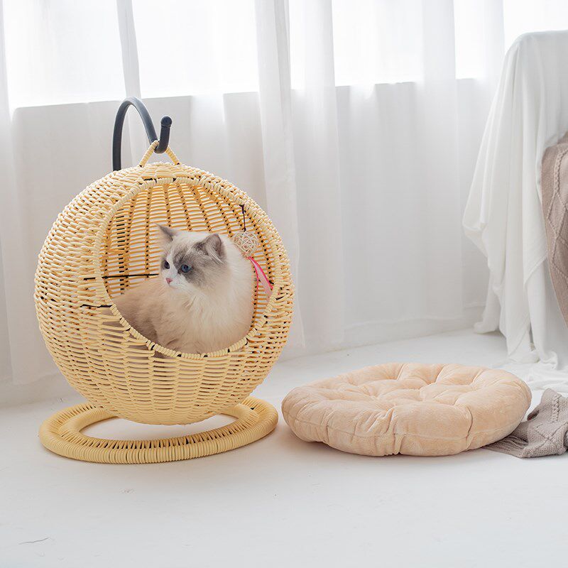 吊篮猫窝四季通用杏色藤编猫屋夏天网红帐篷半封闭凉窝可拆洗房子