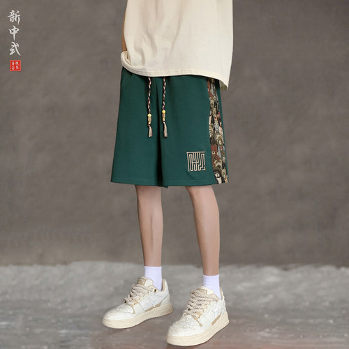 新中式夏季薄款刺绣拼接短裤男宽松大码休闲五分裤中国风百搭裤衩
