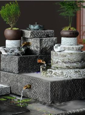 流水石槽石磨石头养花盆鱼缸青石雕刻工艺品办公室庭院中式摆件