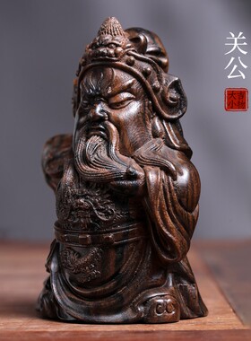 天然黑丝沉香木可爱萌关公关二爷摆件武财神关羽神像手把件小物件