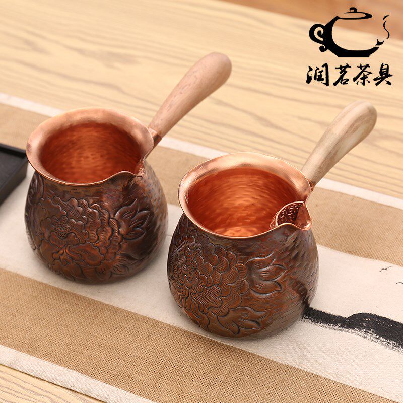 纯手工纯铜罐罐茶煮茶罐大号雕花带过滤网紫铜煮茶器600毫升公杯