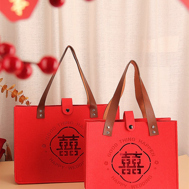结婚喜字毛毡手提袋子新娘大号礼品袋婚包伴娘伴手礼喜糖装红包用图片