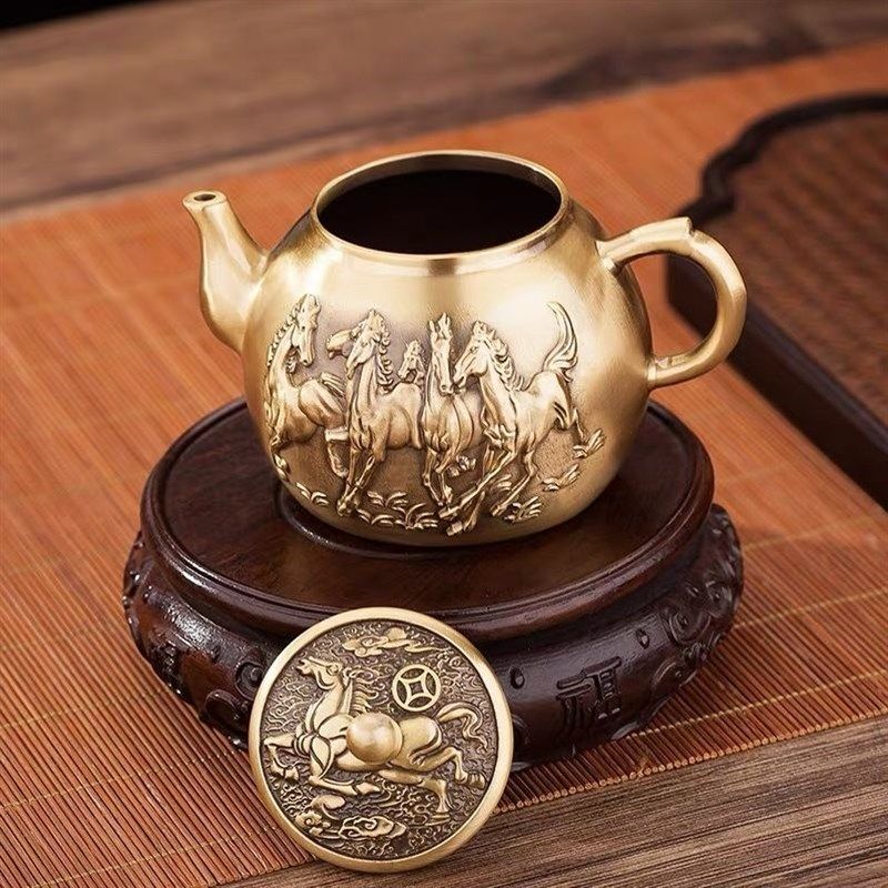 黄铜马到成功铜茶壶家用铜水壶茶具铜酒壶功夫茶礼佛财神居家摆件