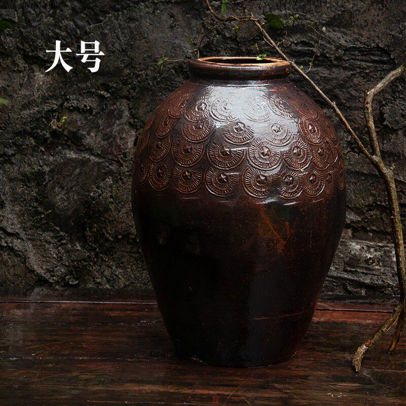 土陶坛桌面粗陶坛中式风格花瓶客厅书房摆件复古陶瓷大号手工柴窑