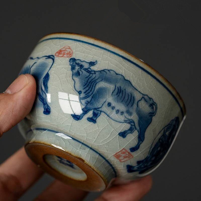 景德镇仿古老陶泥茶杯青花瓷主人杯单杯陶瓷手工茶具品茗杯五牛图