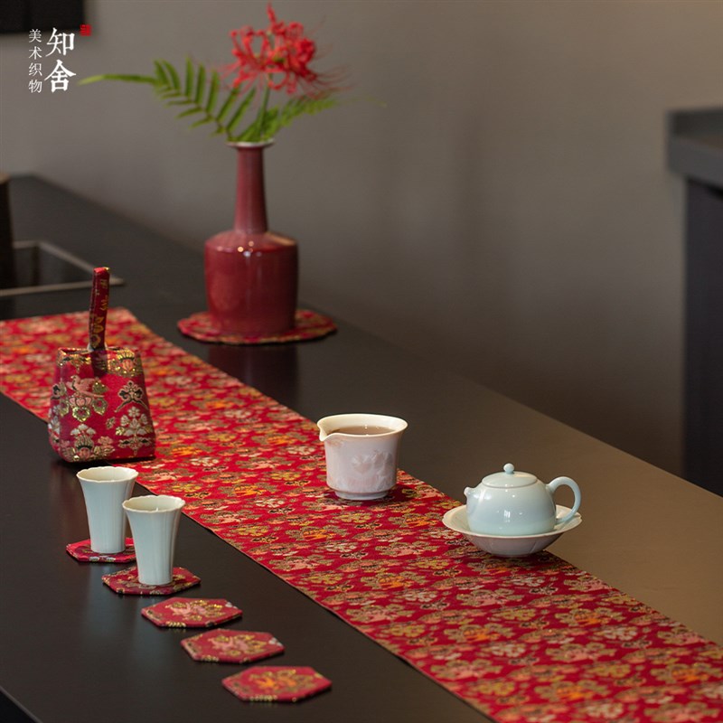 知舍瑞彩玄鸟纹织锦茶席新中式复古风宫廷布艺桌旗民宿喝茶馆酒店