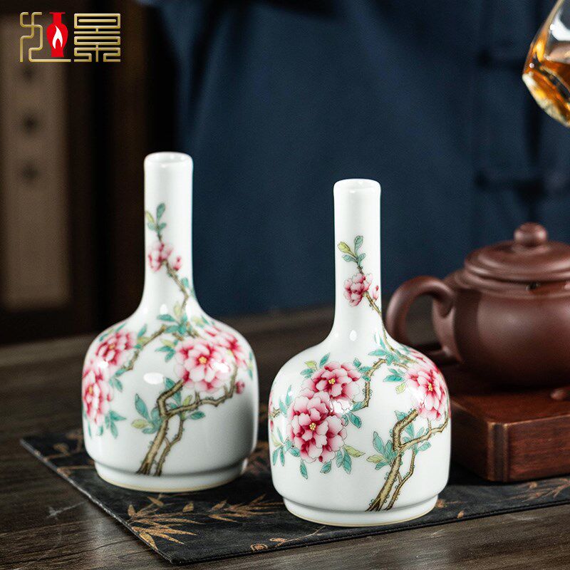 景德镇陶瓷器小花瓶中式摇铃尊小号工艺品摆件客厅桌面装饰品瓷瓶