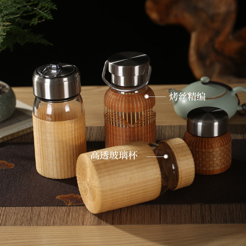 中式手工竹编竹丝茶水分离杯防烫小胖杯大肚杯女冷水杯泡茶杯玻璃