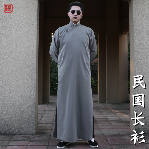 中国风长袍马褂中式伴郎服相声服唐装斜襟大褂复古男装民国风长衫