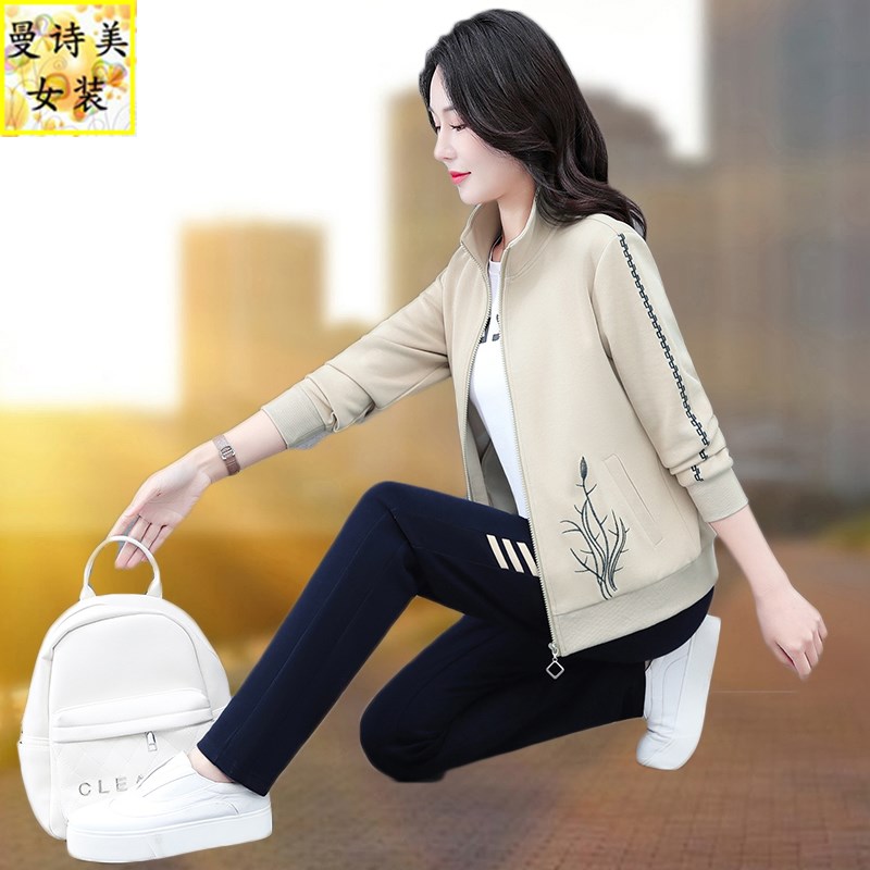 休闲运动服套装女士春秋2025年春季新款中老年妈妈开衫卫衣三件套