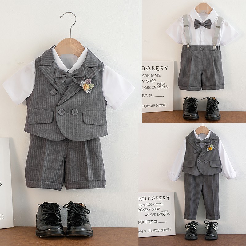 男童背带裤套装春款条纹韩版马甲儿童合唱演出礼服周岁生日摄影服图片