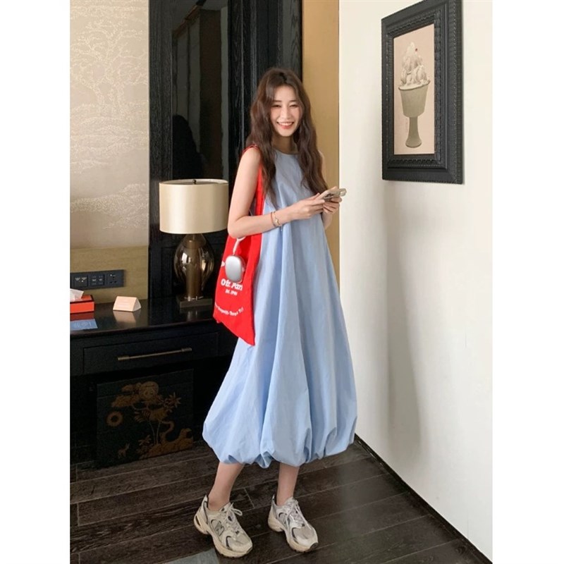 学院风初恋奶甜小个子蓝色背心连连衣裙