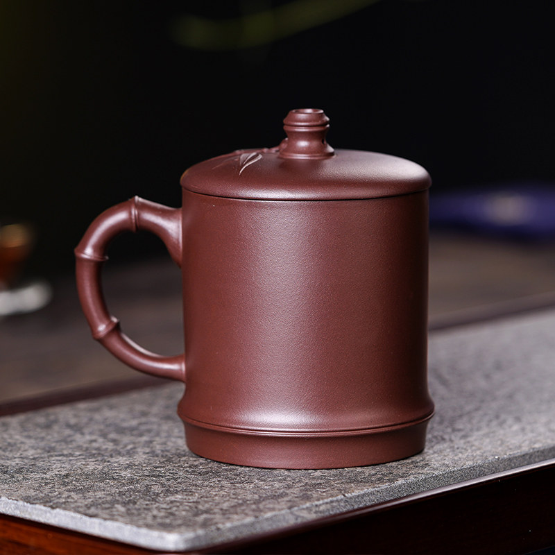 宜兴紫砂杯男士茶杯原矿老紫泥纯手工带把带盖杯子主人杯双竹韵杯