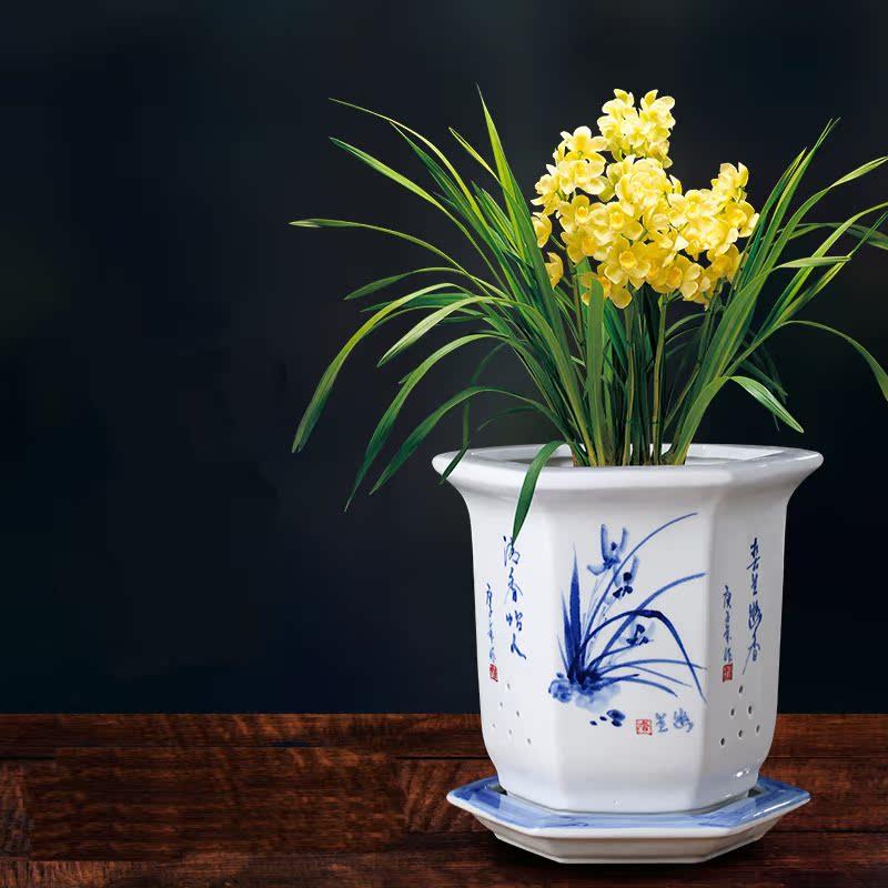 陶瓷花盆景德镇手绘君子兰青花瓷兰花盆室内古典中国风吊兰中式大
