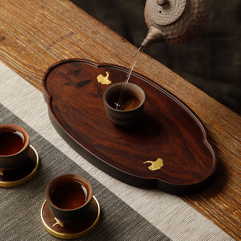 黑檀木整块实木黄铜茶盘茶杯托家用托盘干泡台大壶承小型茶具杯垫