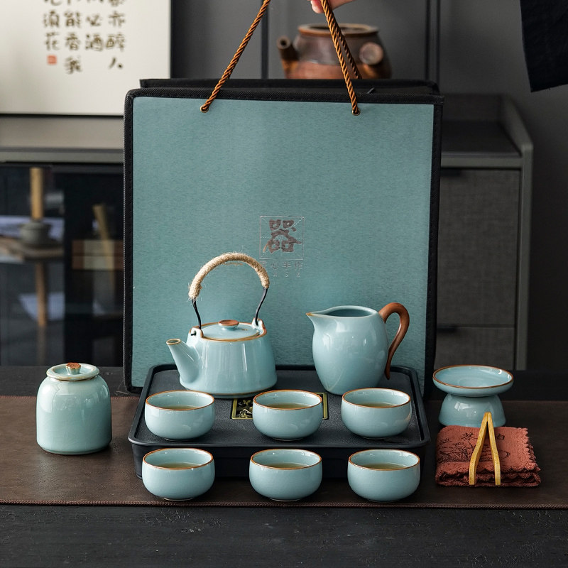 天青汝窑茶具茶壶套装年会定制logo周年纪念品送客户中秋节礼品