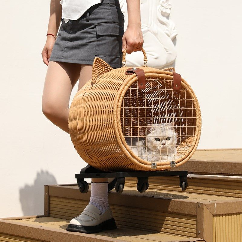猫包拉杆箱大空间外出猫咪小推车藤编透气高档猫咪背包安全溜猫箱