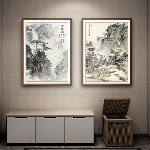竖版入户玄关装饰画山水画办公室挂画客厅壁柜走廊过道尽头背景画