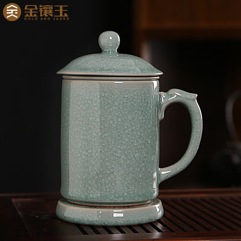 金镶玉陈文德大师汝窑陶瓷茶水分离泡茶杯老板办公杯个人专用礼品