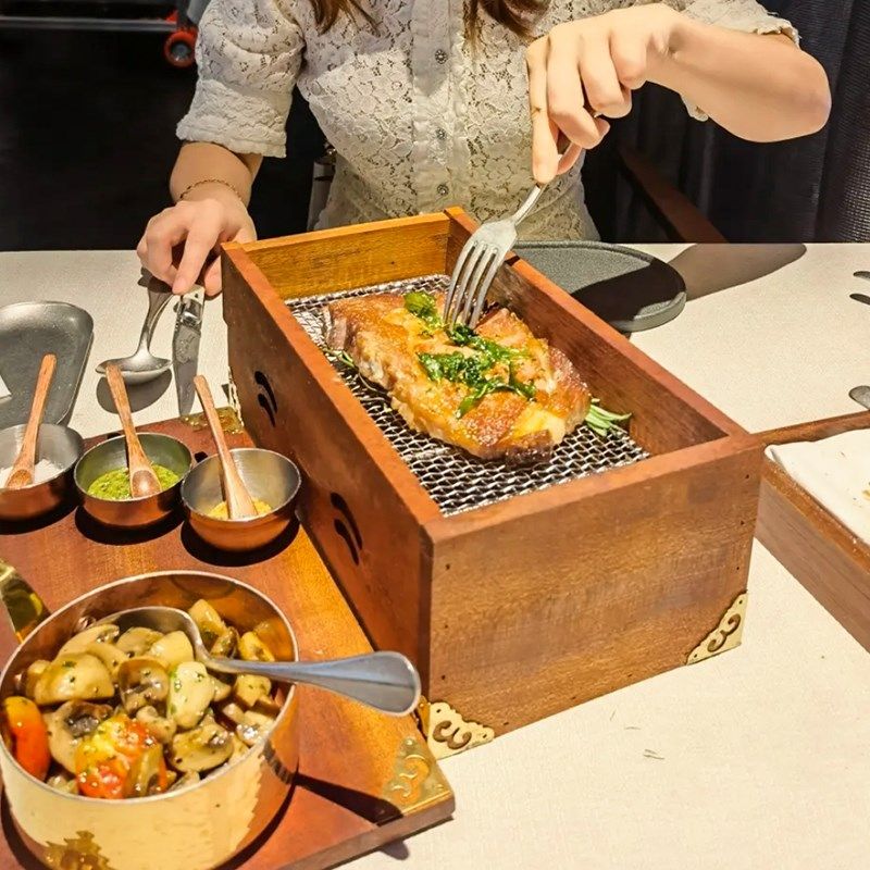 西餐碳烤牛排烟熏木盒创意餐具网红意境菜烟熏牛扒盒烧肉烤鸡木盒