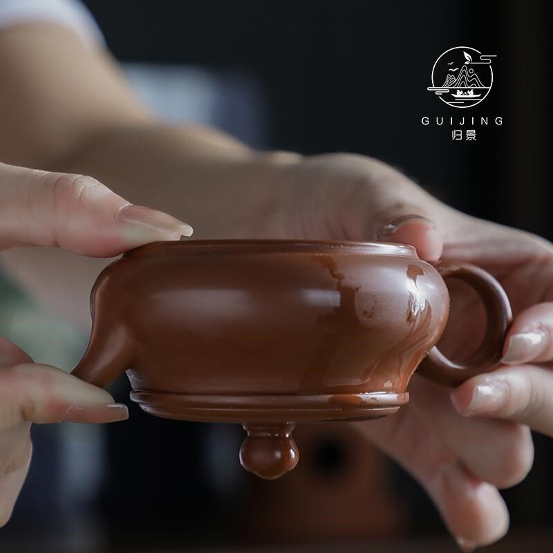 归景丨明炉丨潮州手拉壶全手工紫砂朱泥壶茶壶薄胎壶宽口原矿冲罐