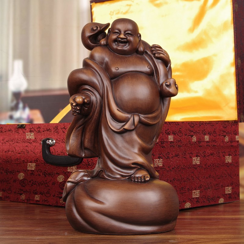 中式实木弥勒佛摆件 招财笑佛像适用客厅玄关 开业送礼可定制