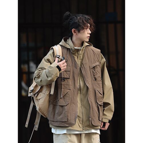 水曜日定休 复古多口袋机能马甲男春季户外多功能V领休闲工装外套