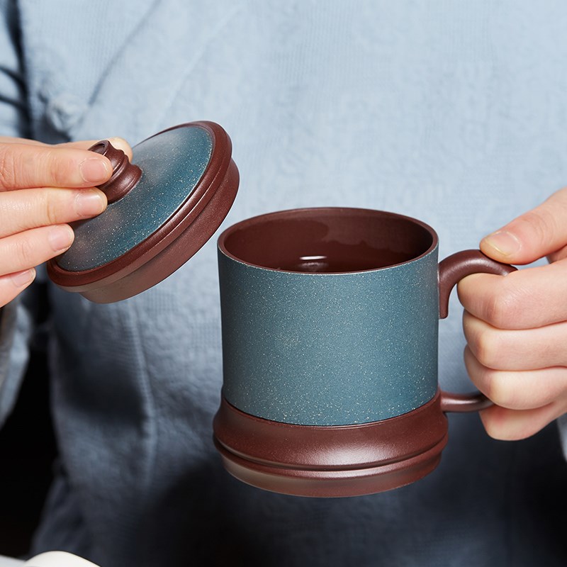 尊壶宜兴紫砂杯大容量竹节盖杯男女办公水杯子家用陶瓷泡茶杯茶具
