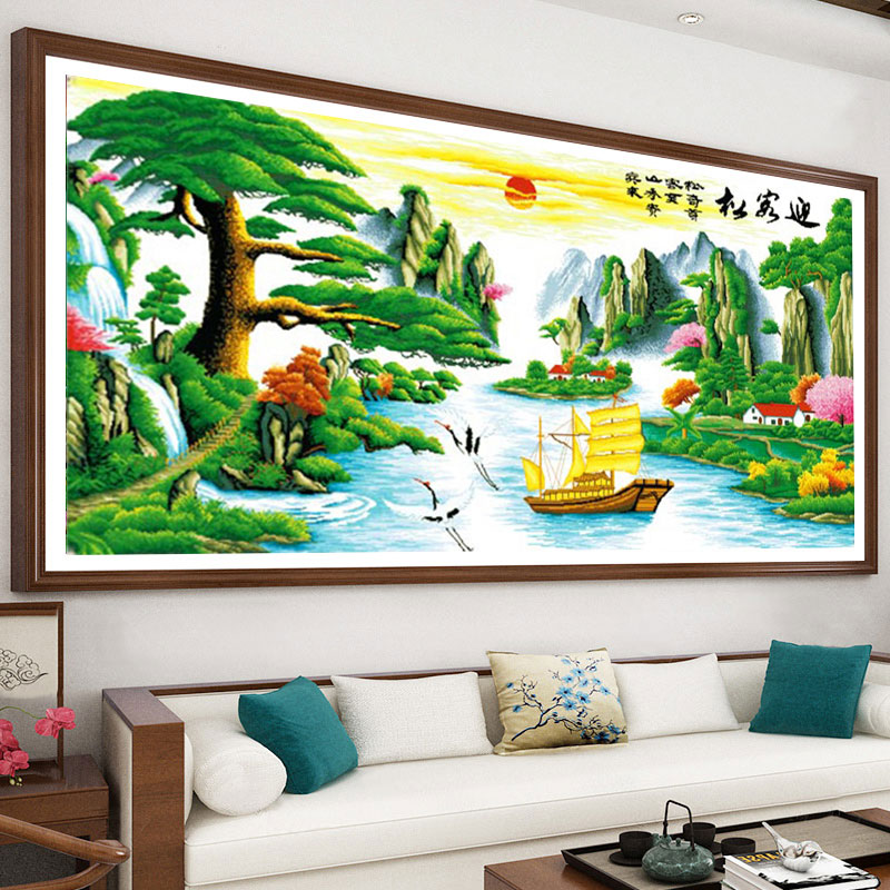 成品迎客松2026新款机绣纯手工十字绣已绣好的风景山水画一帆风顺