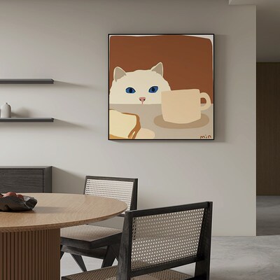 餐厅装饰画侘寂风高级感卡通猫咪画饭厅背景墙壁画正方形单幅挂画