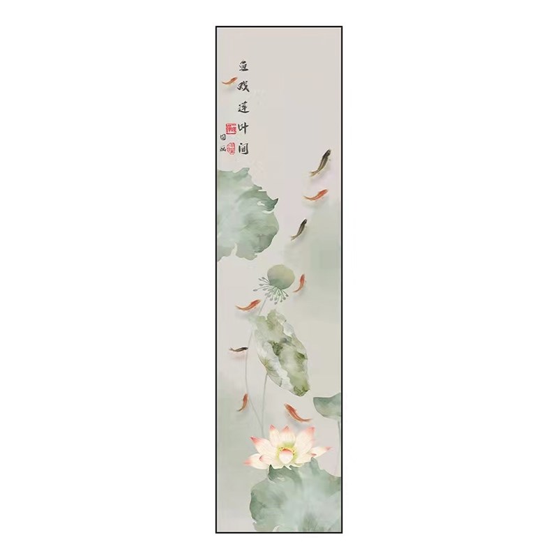 网红新中式禅意玄关荷花挂画竖长条九鱼图装饰画入户过道民宿壁