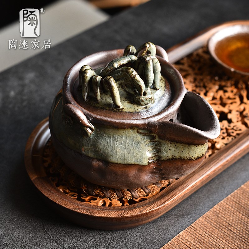 陶迷清水柴烧宝瓶壶手抓壶创意个性小动物壶盖功夫泡茶具中式茶壶