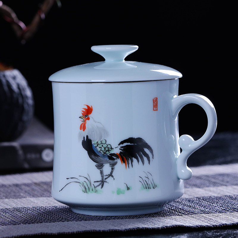 景德镇茶杯陶瓷带盖手绘过滤泡茶杯家用水杯创意青瓷杯子办公杯