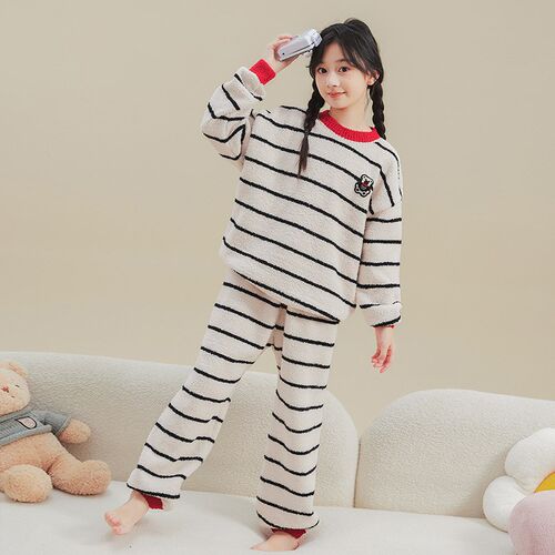 女童睡衣秋冬保暖甜美半边绒条纹休闲居家服软绵绵可外穿睡衣套装