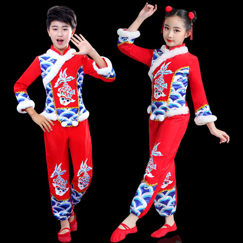 元旦儿童喜庆秧歌服幼儿开门红演出服民族灯笼裤春节拜年服男女童