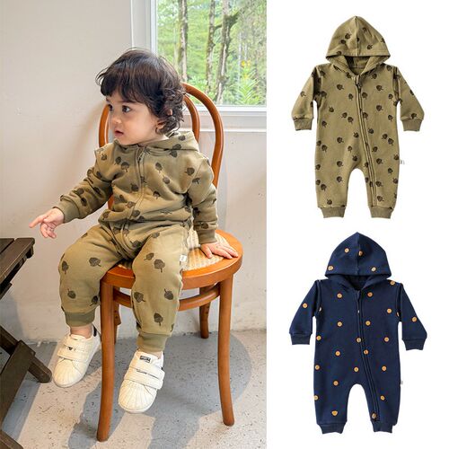 婴儿衣服棉质连体衣拉链款秋季男女宝宝外出抓绒加厚连帽爬服洋气