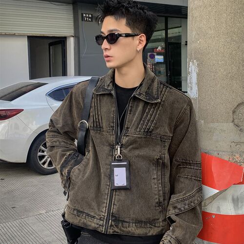 PLTH*美式简约水洗重工短款牛仔夹克男简约高级感小众拉炼外套潮