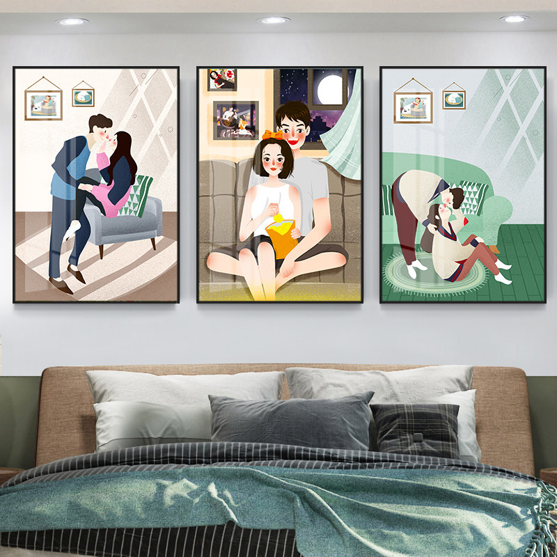 客厅装饰画小清新卧室床头壁画酒店挂画民宿情侣墙画手绘风三联画