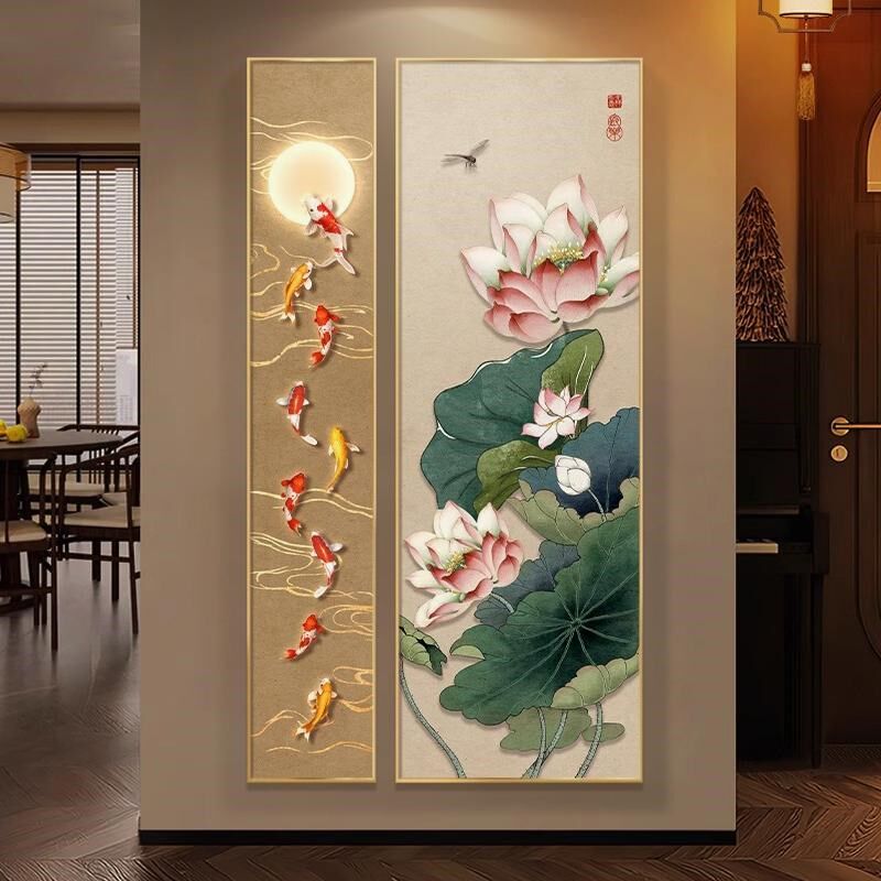 新中式入户玄关装饰画荷花高端大气走廊过道挂画锦鲤图组合二联画