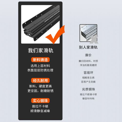 楼梯鞋柜抽拉轨道三节轨柜滑轨重型储物柜式拖底加厚抽屉阻尼缓冲