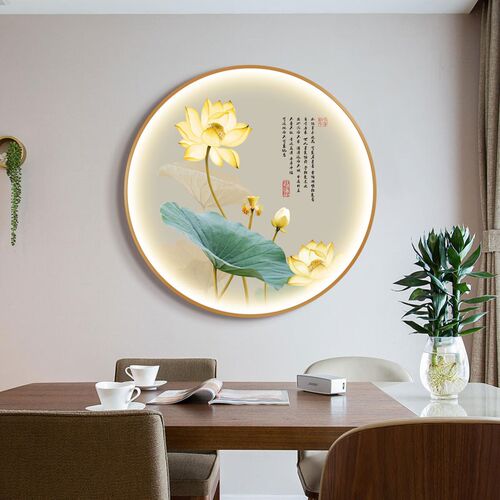 新中式金色荷花带灯装饰画茶室餐厅圆形壁画客厅玄关走廊莲花挂画