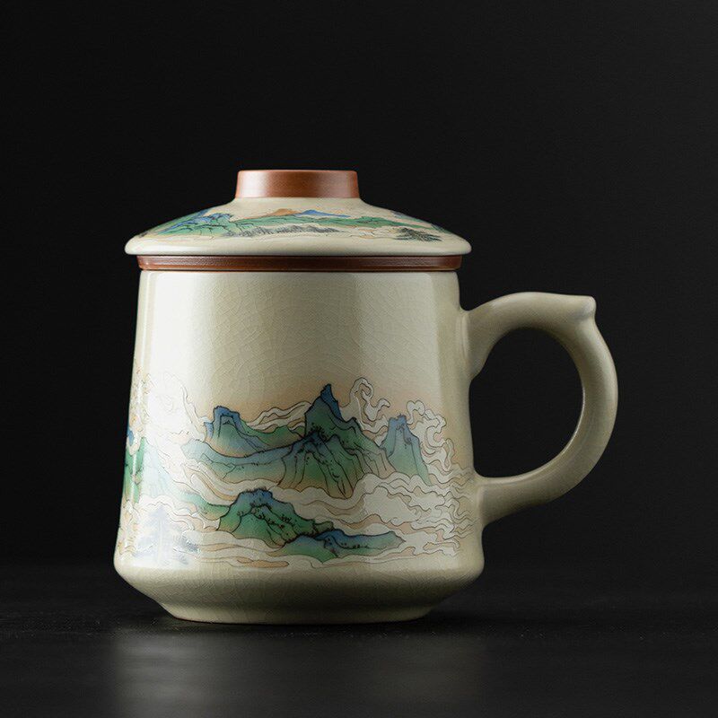 米黄汝窑茶杯大容量陶瓷茶水分离杯过滤泡茶杯千里江山定制logo
