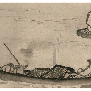 明吴伟渔乐图山水人物古画复制宣纸装饰画 喷绘工艺复古怀旧风格