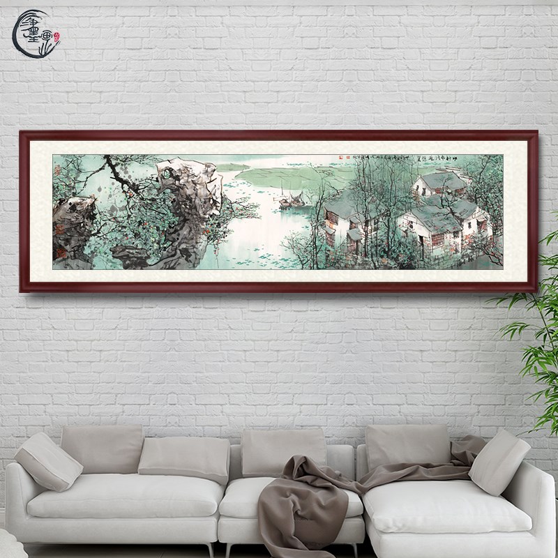 江南水乡风景国画办公装饰画水村风情图中式宣纸山水画挂画水墨画