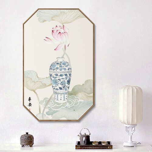 新中式入户玄关装饰画正对门走廊竖版壁画花鸟墙画过道尽头挂画