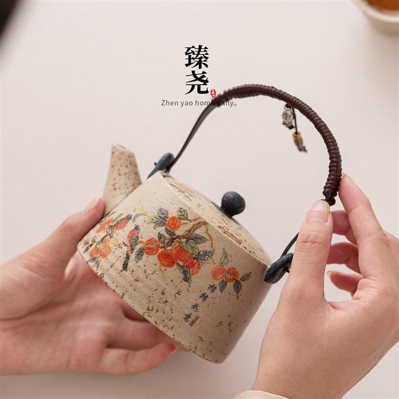 青花火石红提梁梁壶简约过滤单壶家用陶瓷功夫茶具泡茶壶送礼礼盒