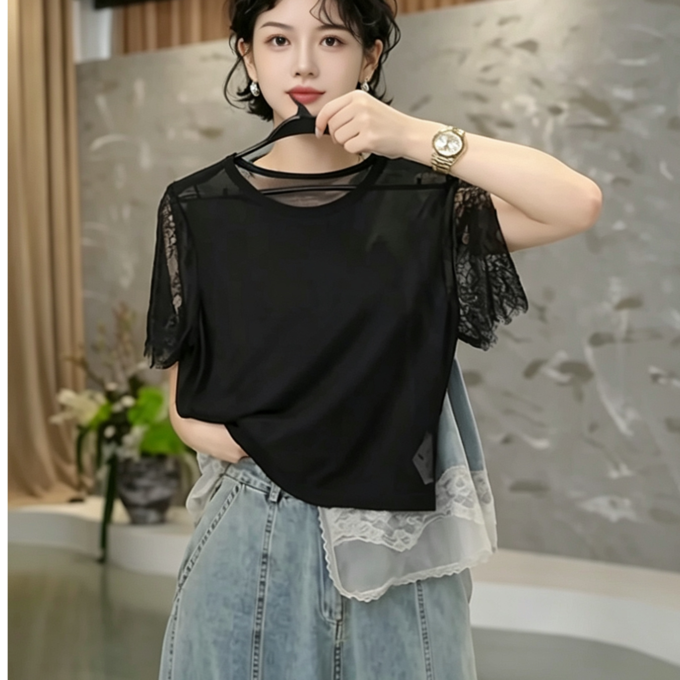 夏天新款半截打底衫网纱黑色性感内搭蕾丝百搭上衣T恤短袖薄款女图片
