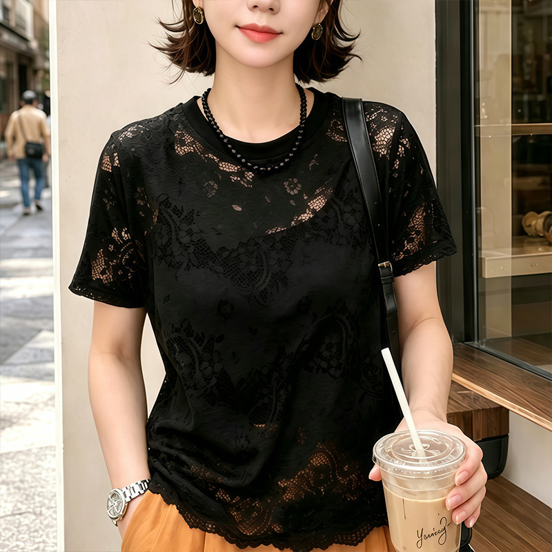 夏日轻薄镂空罩衫宽松大版中长款上衣女遮屁股洋气拼接短袖蕾丝衫